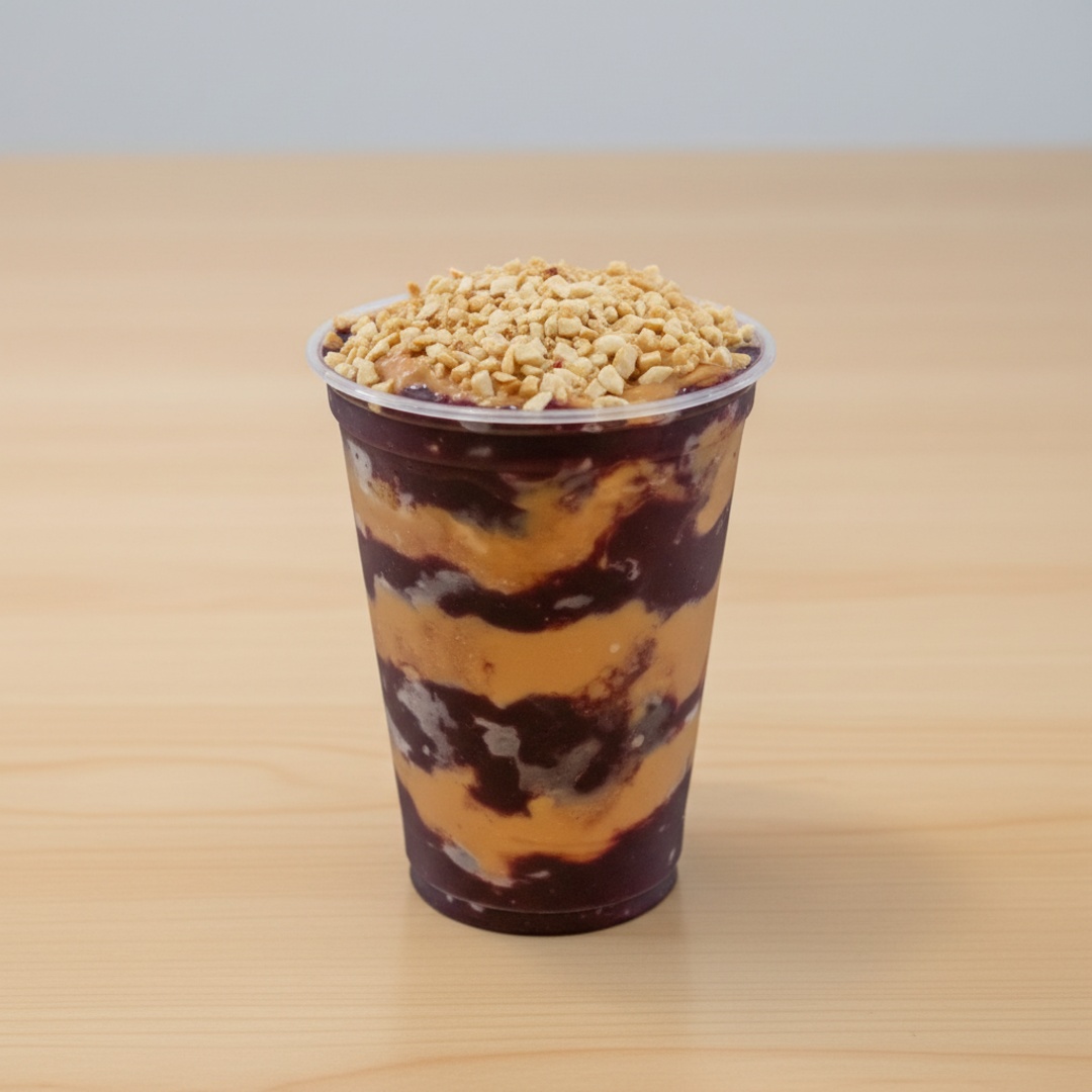 A combinação do açaí com doce de leite, granola, amendoin e leite moça