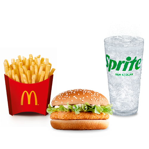 Frango empanado, maionese, alface americana e pão com gergelim com acompanhamento e bebida