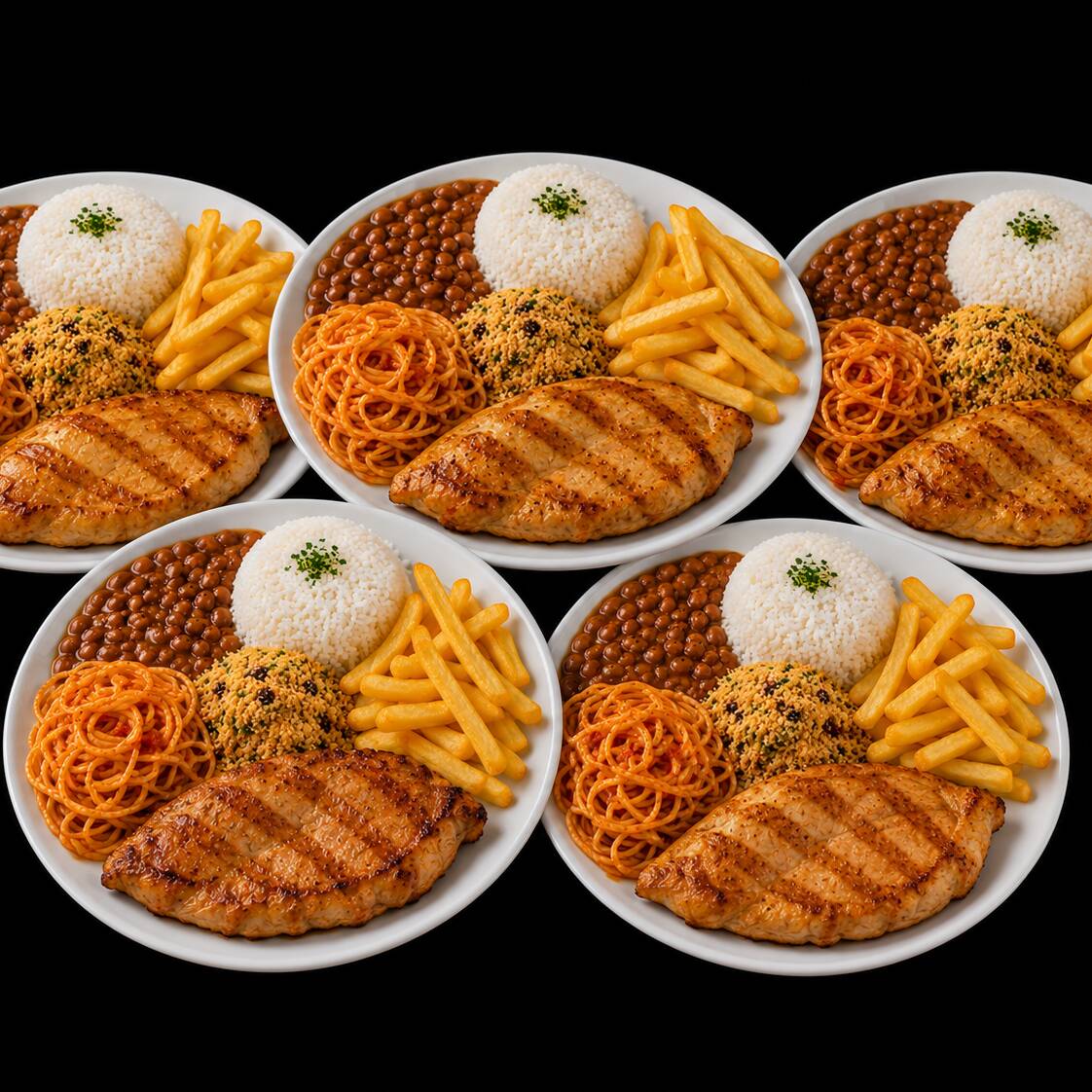 COMBO FAMÍLIA: 5 marmitas de grelhados de frango com batata fritas, arroz, feijão, macarrão, farofa e guaracamp
