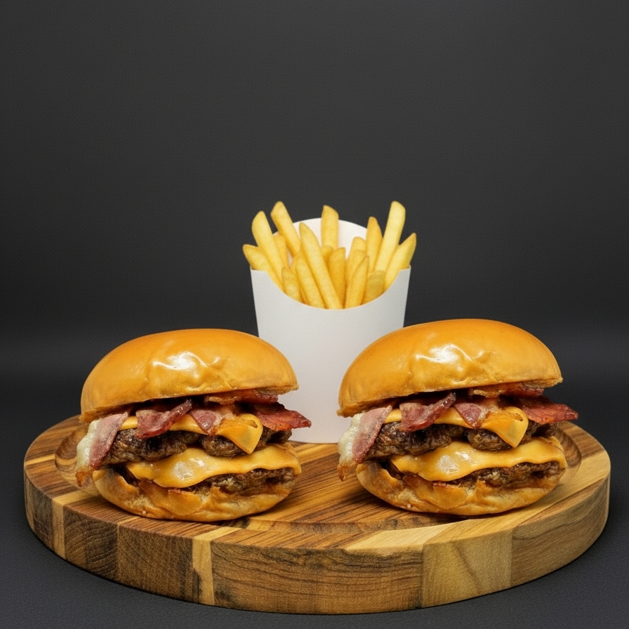 Pão Brioche, 2 carnes smash 100g,3 fatia de queijo Cheddar Polenghi, Bacon em cubos e Molho Fire