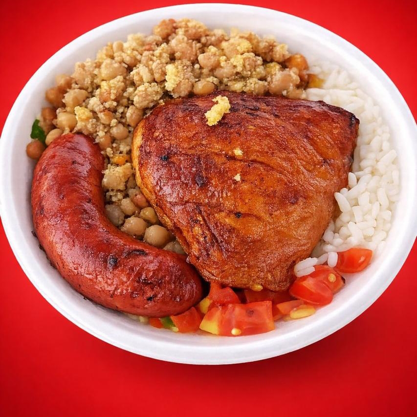 01 sobre coxa de frango e 01 Toscana
Arroz, tropeiro e vinagrete