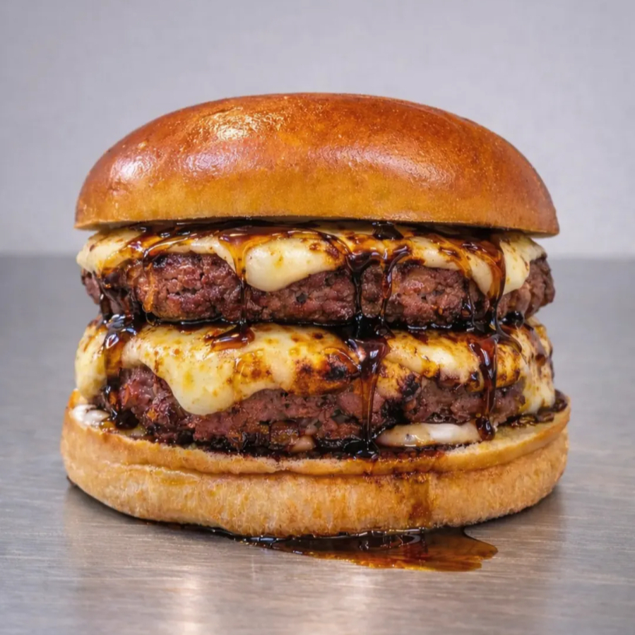 Duas carnes 130g, pão chapeado na manteiga de garrafa, queijo coalho selado e caramelizado.