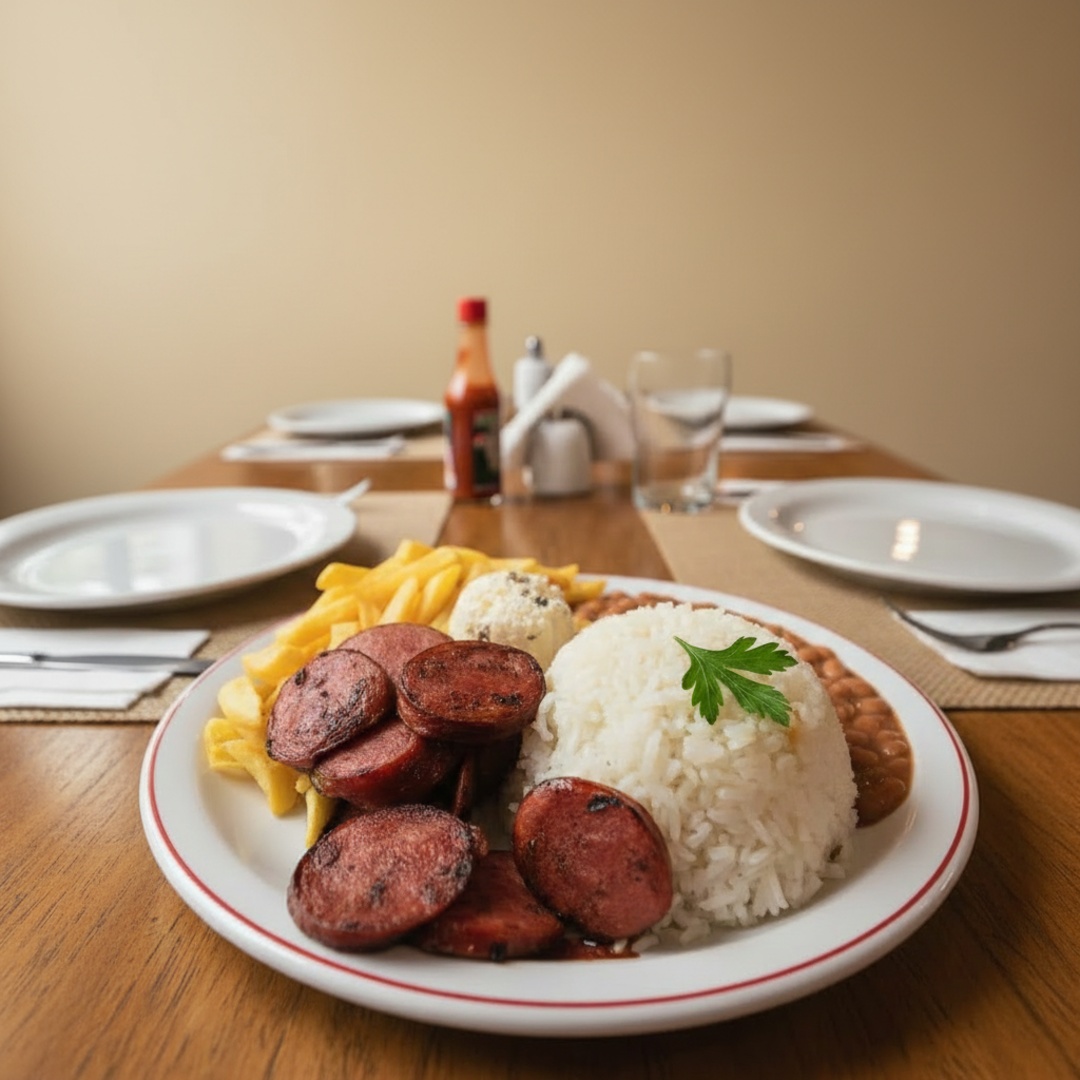 Acompanha: Arroz, feijão, macarrão alho e oleo, linguiça calabresa fatiada acebolada com farofa