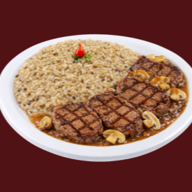 Delicioso e intenso risoto de base branca c/ funghi e parmesão, acompanha filé mignon c/ molho madeira.