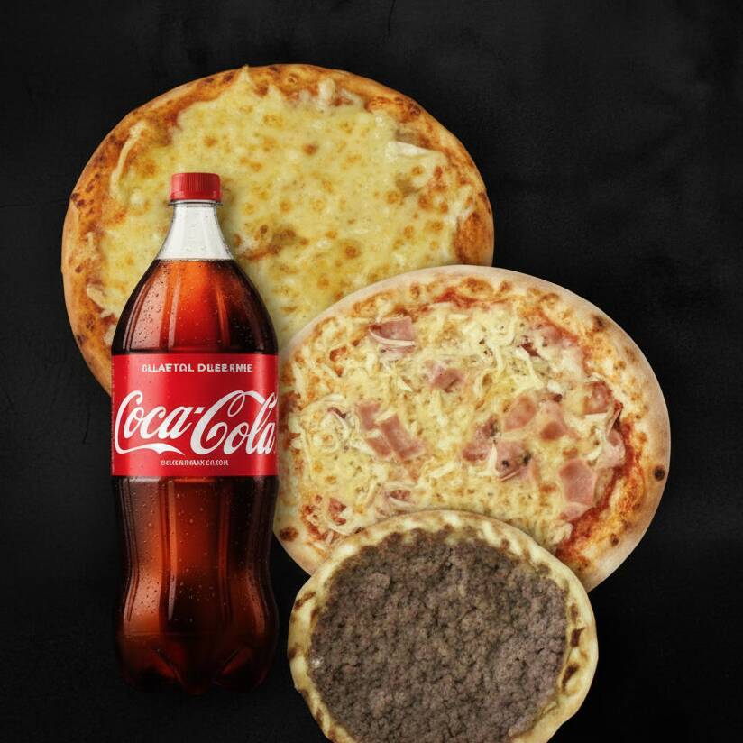 1 Pizza 8 pedaços de Frango c/ Catupiry + 1 Pizza 8 pedaços de Calabresa + 1 Broto Doce de Brigadeiro + 1 Coca-Cola 2 Litros