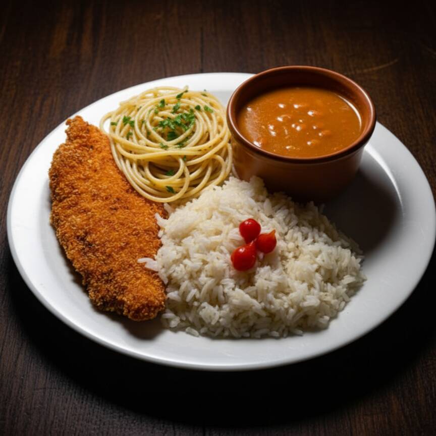 Bife empanado, dourado e crocante, servido com arroz branco soltinho, macarrão ao alho e óleo bem temperado e feijão cremoso cheio de sabor. Irresistível!