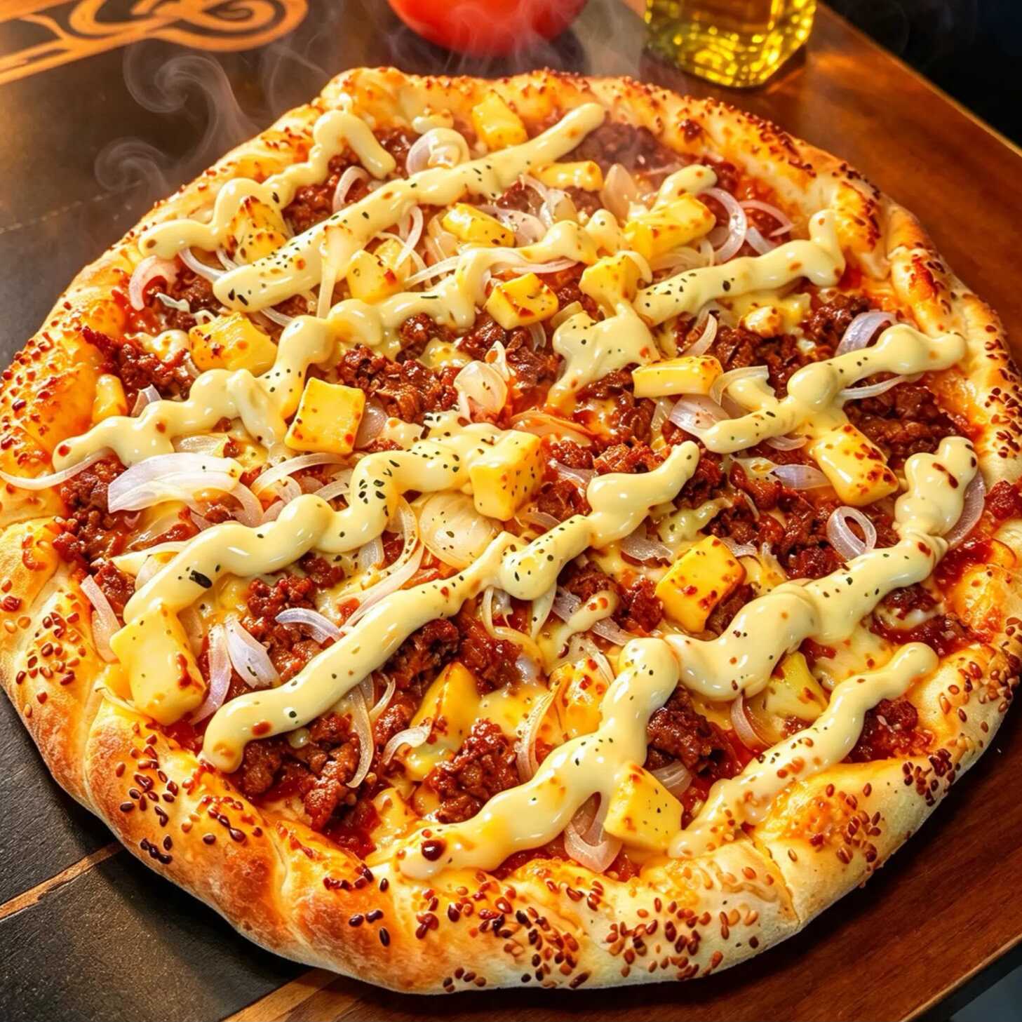 DELICIOSA PIZZA DE CHARQUE PREMIUM COM CREAM CHEESE, MUSSARELA, QUEIJO COALHO E CEBOLA.
