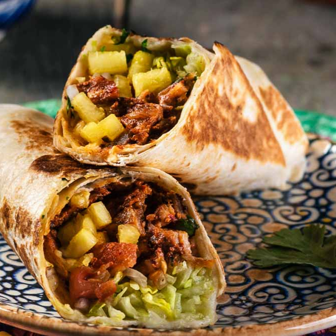 Burrito de pastor + papas fritas