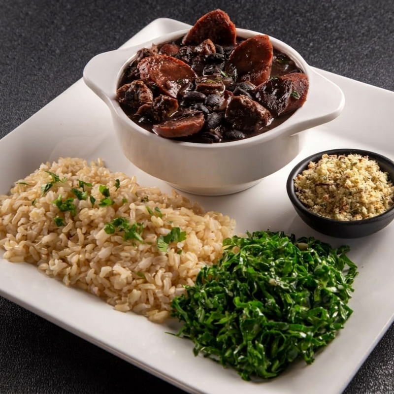 Pratos individuais - Feijoada completa - Feijoada com linguiça calabresa e soja defumada em pedaços. Acompanha arroz, couve e farofa - 100% vegano. Contém glúten. - Foto meramente ilustrativa.