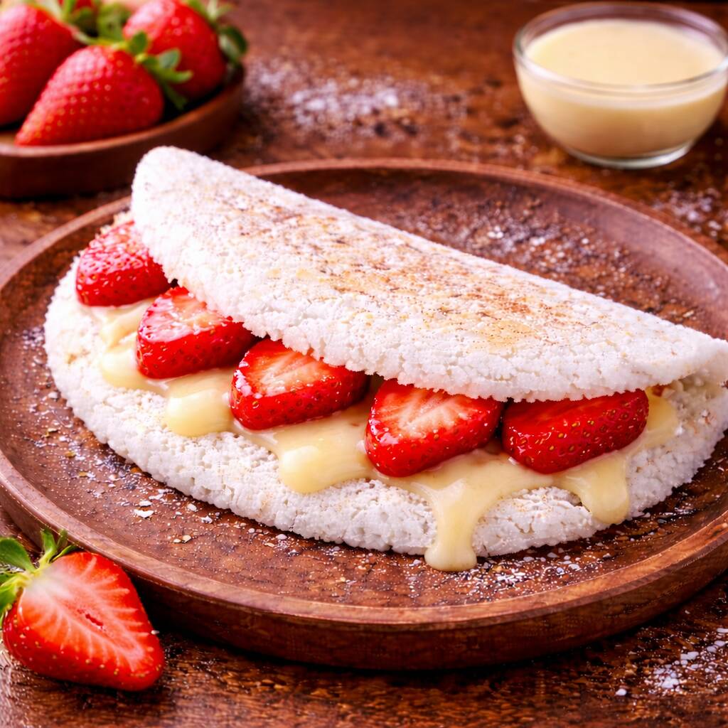 Tapioca quentinha e macia, recheada com leite condensado cremoso e morangos frescos fatiados, trazendo a combinação perfeita entre o doce e o toque levemente ácido da fruta. Uma opção leve, irresistível e ideal para sobremesa ou lanche especial!