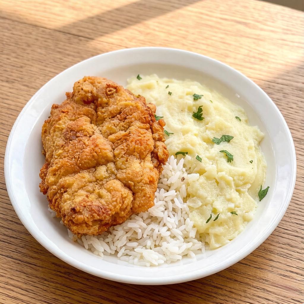 Marmita com delicioso filé de frango empanado na massa crocante, acompanhado de arroz branco, feijão de caldo e purê de batatas. (Marmita Indicada para 01 Pessoa
