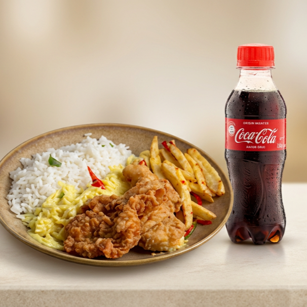 Uma refeição completa com arroz soltinho, feijão preto temperado, macarrão, legumes refogados, batata frita crocante e salada fresca. Acompanha Coca Cola 200ml geladinha! ️