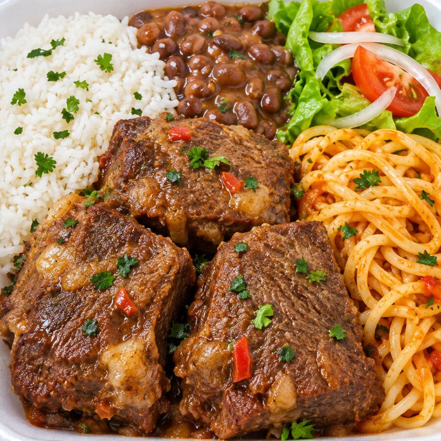 Acompanhamento arroz, feijão, Macarrão, salada e farofa
