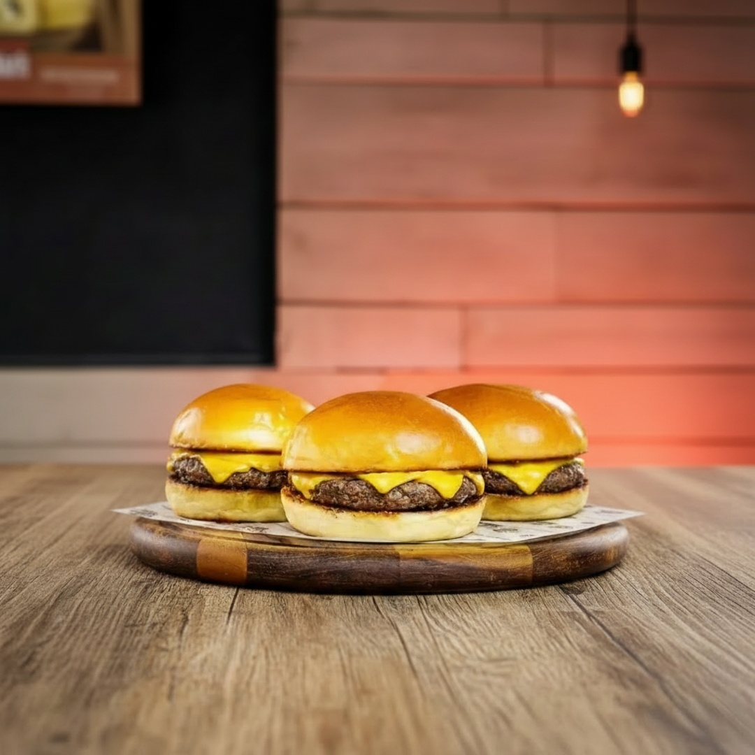 3x smash burguer, pao de brioche selado, hamburguer 80g, queijo, maionese tomate e alface