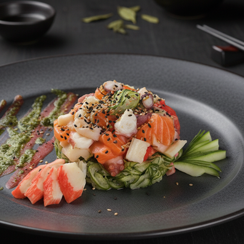 Pepino japonês fatiado marinado no molho agridoce com gergelim, kani e salmão fresco.