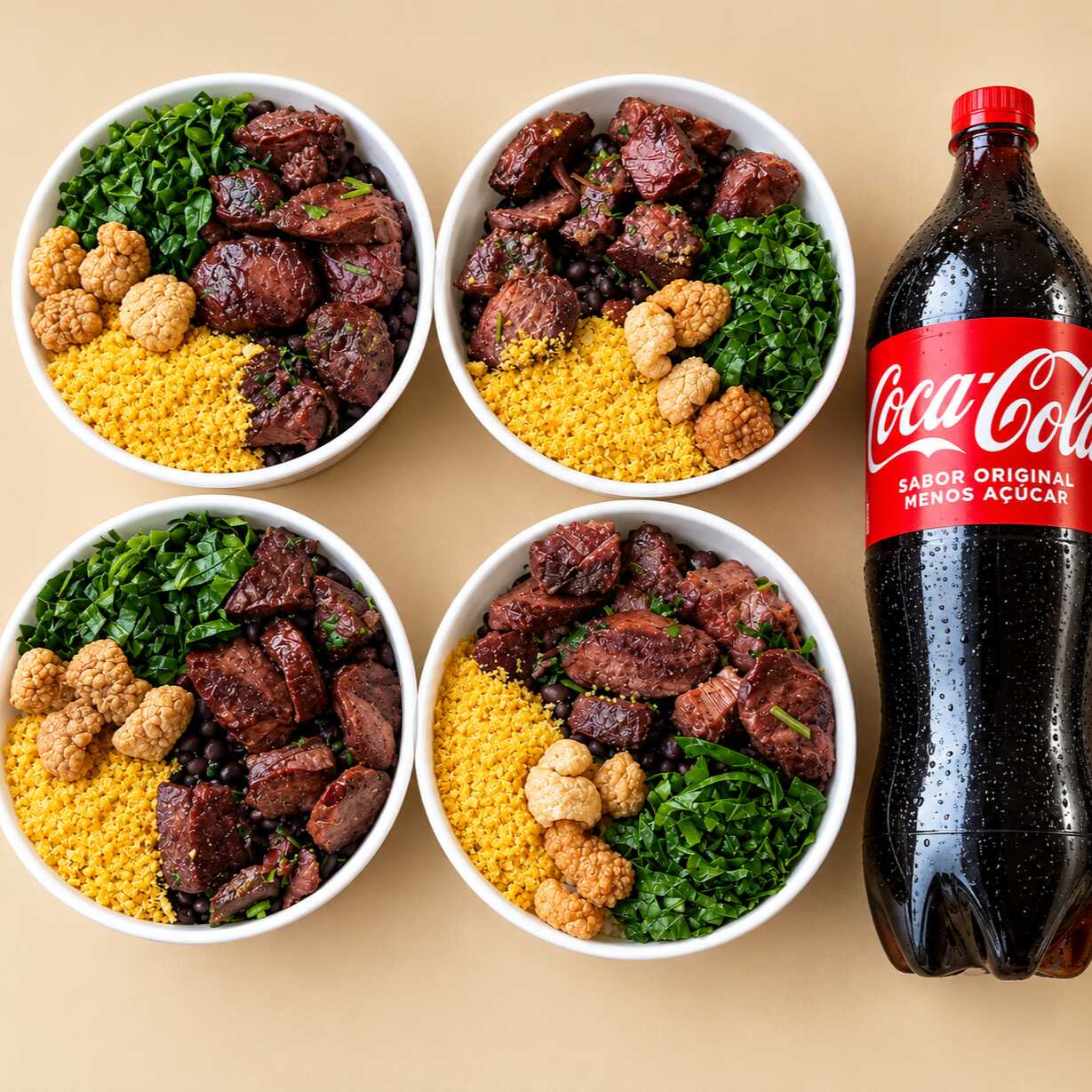 Marmita de Feijoada magra (arroz branco, lombo suino, linguiça calabresa, bacon, couve refogada na manteiga, farofa temperada). Acompanha coca cola pet 2 litros grátis Marmita indicada para 4 pessoas.