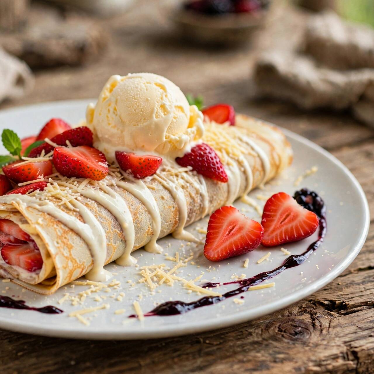 Crepe de Fresas con Crema y Helado