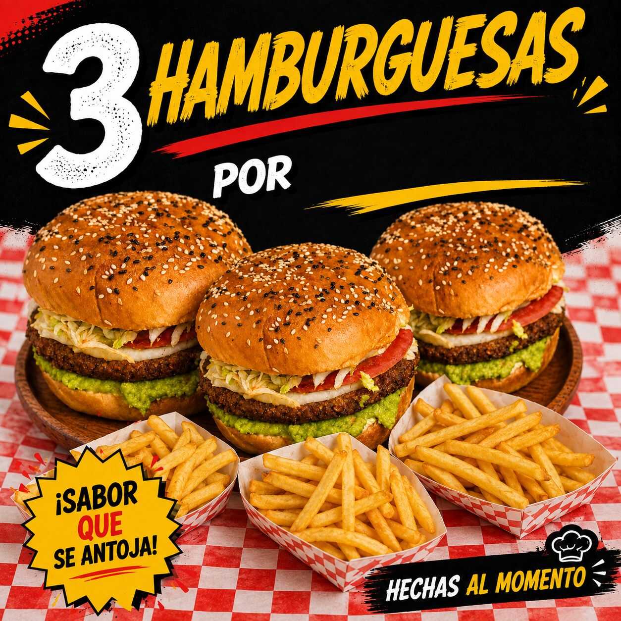 Combo 3 Hamburguesas y Papas