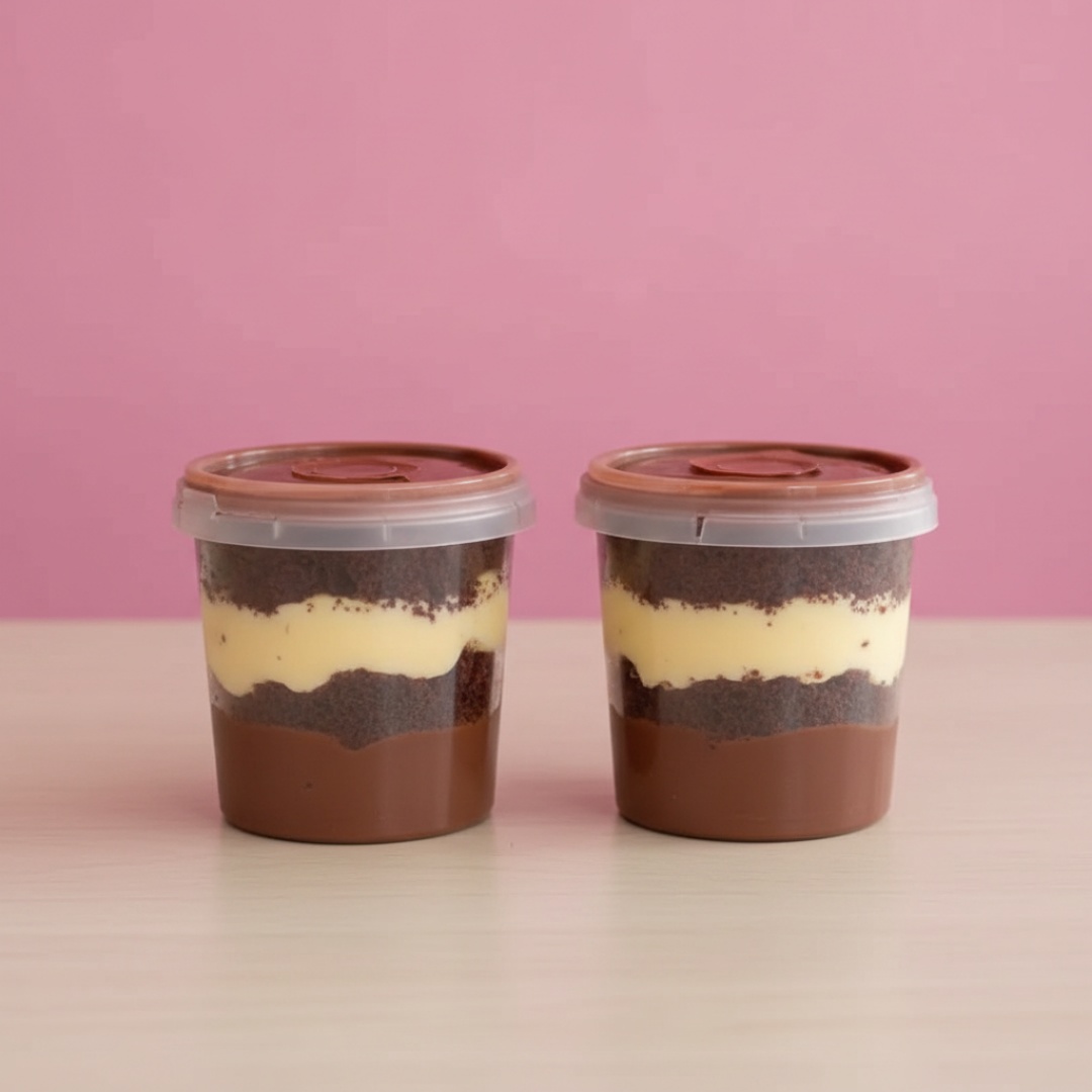 Delicioso bolo no pote massa de chocolate com brigadeiro de maracujá e brigadeiro clássico cremoso