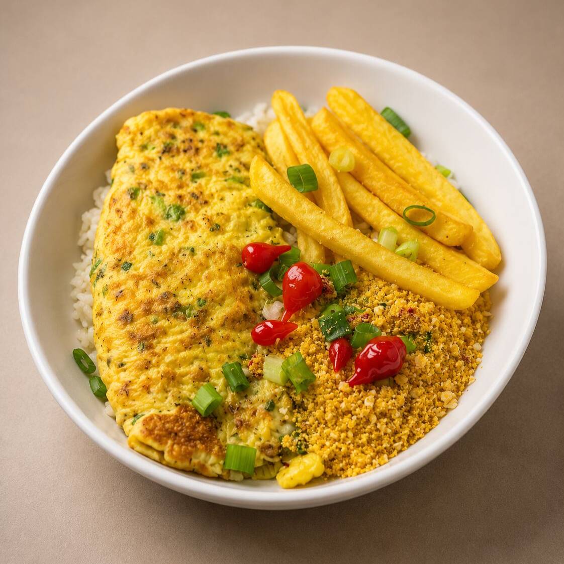 Omelete, servido com arroz, feijão e farofa. Opte por batata frita ou macarrão alho e óleo para um toque especial. Porção individual.