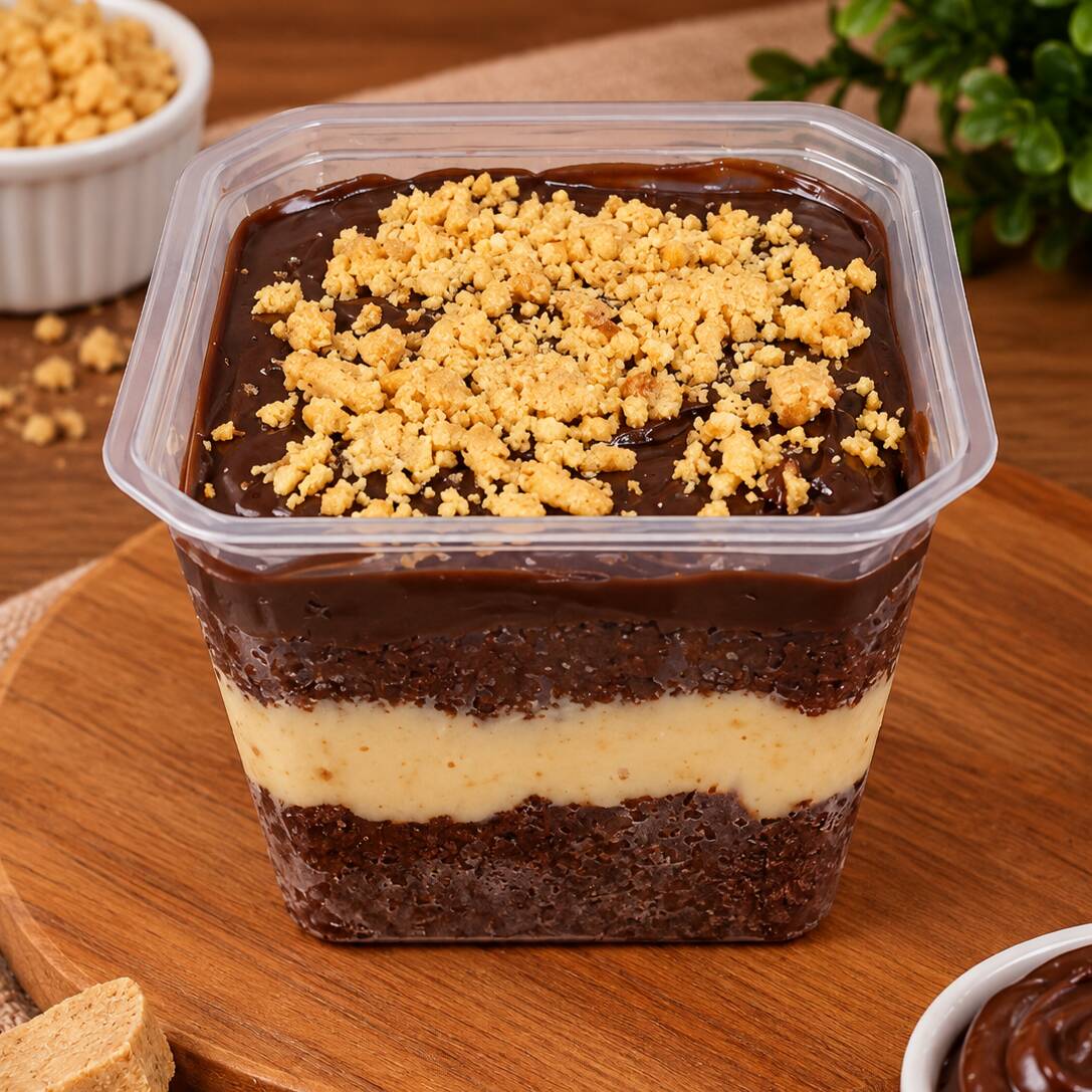 Camadas de bolo de chocolate intercaladas com um brigadeiro cremoso de paçoca e de chocolate meio amargo