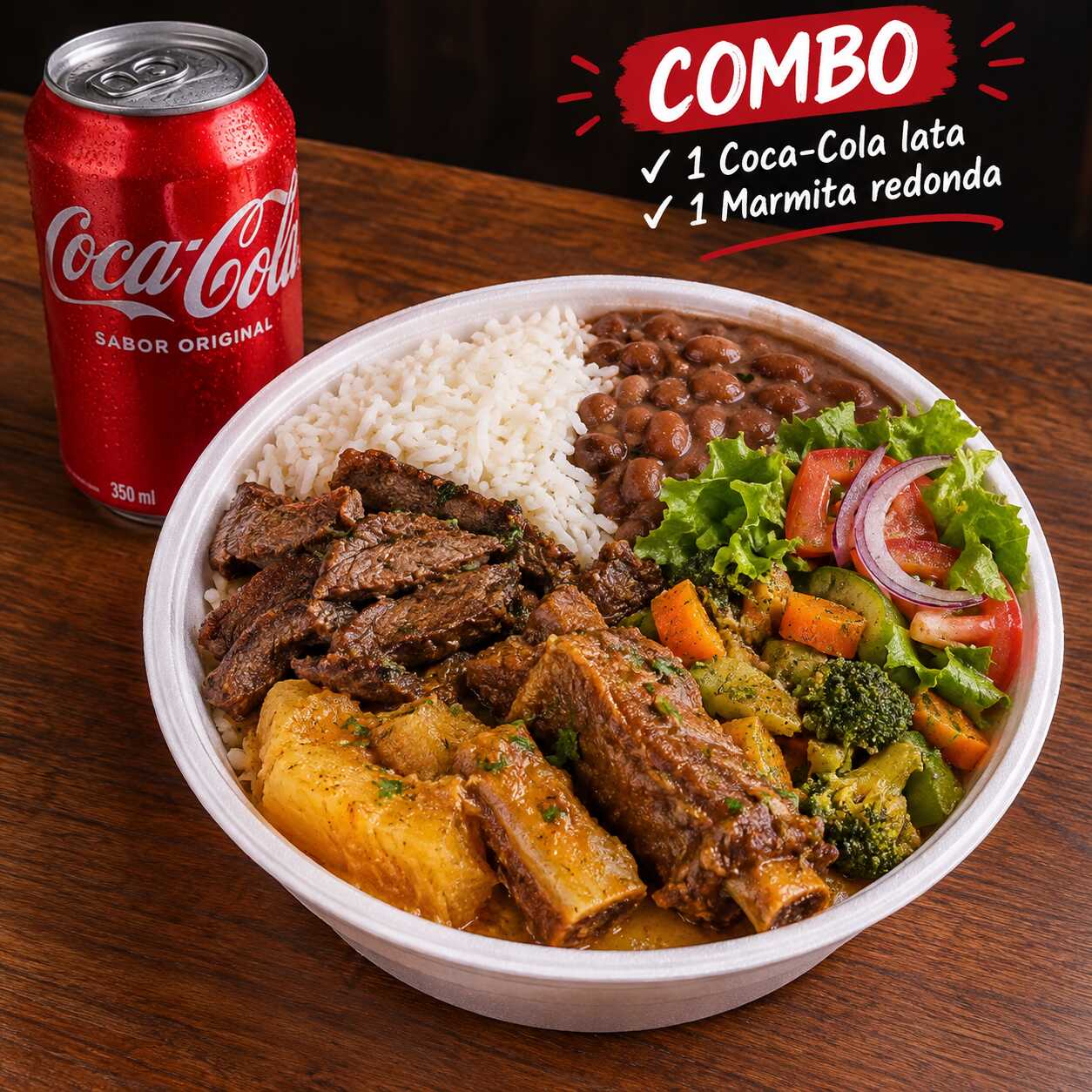 Marmita Grande Churrasco + Coca cola lata
