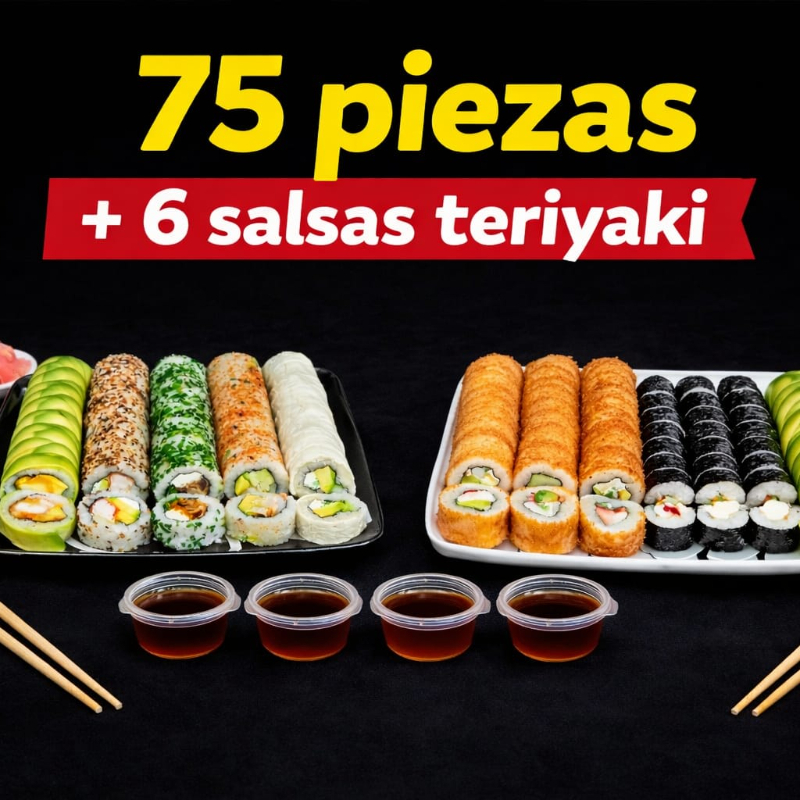 75 Piezas con Tempuras y Sushi Mixto + 3 Salsas