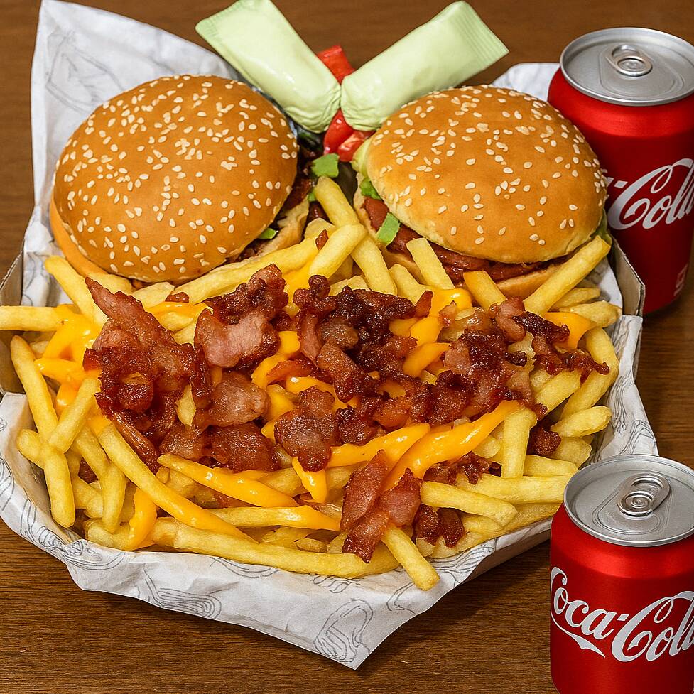 Pra dividir a fome e o amor! 2 Triplo Cheddar, batata e 2 Coca-Cola lata. Perfeito pra casal!