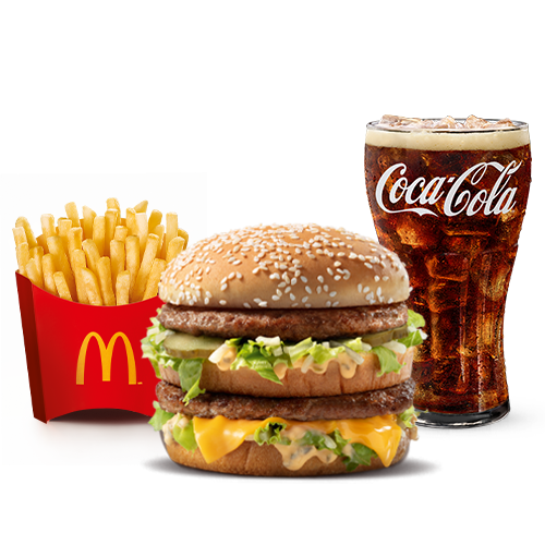 Dois hambúrgueres (100% carne bovina), alface americana, queijo cheddar, maionese Big Mac, cebola, picles e pão com gergelim, acompanhamento e bebida