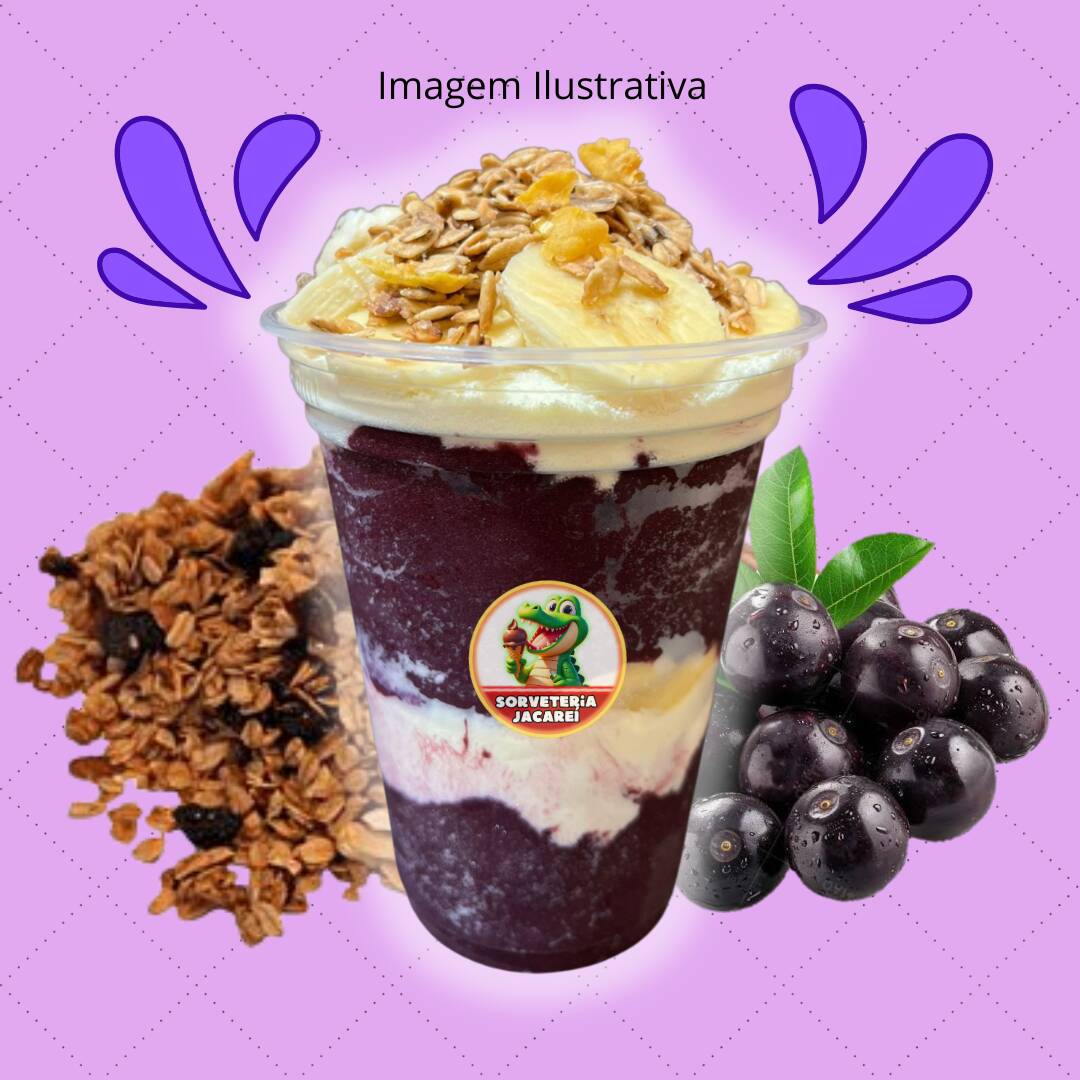 Acompanha no Copo: Banana, Leite em Pó, Granola, Cobertura e Amendoim ou Granulado