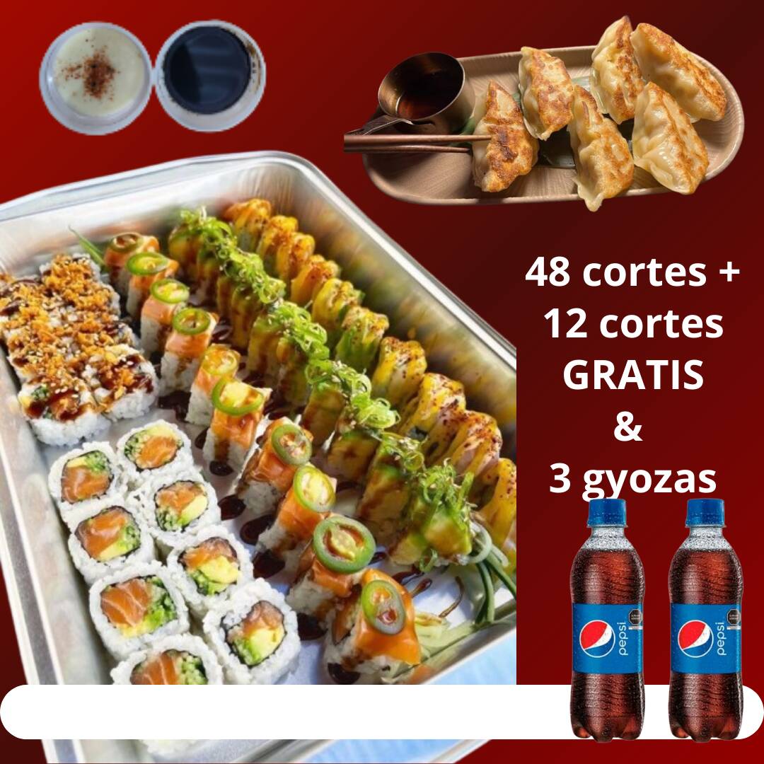 48 cortes de makis + 12 cortes GRATIS & 3 gyozas