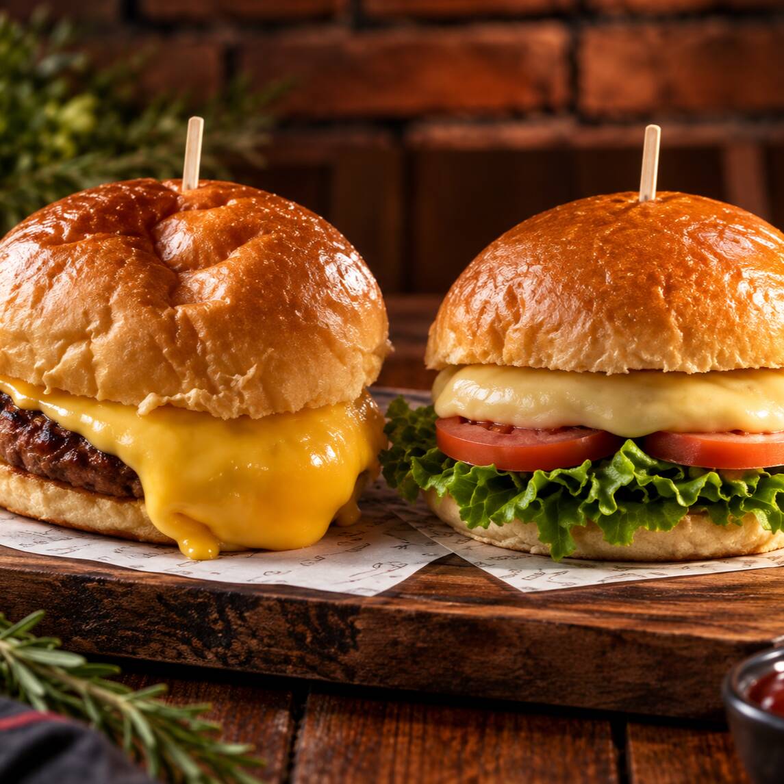 Um delicioso X-Salada com hambúrguer suculento, queijo derretido e salada fresquinha, acompanhado de um clássico Hambúrguer com Queijo, bem saboroso e irresistível. Dois lanches para aproveitar muito mais!