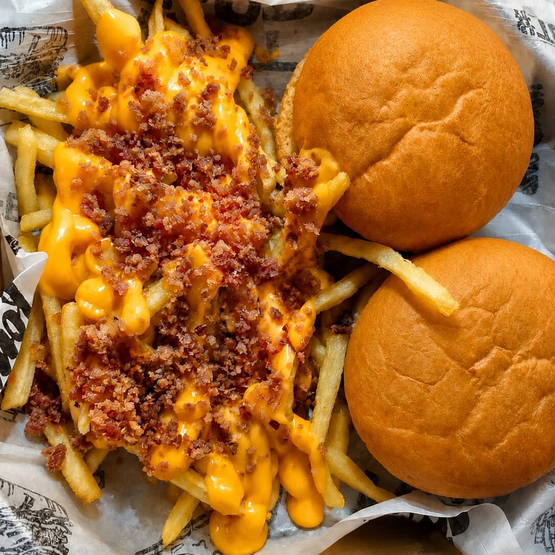 “2 Burguer's artesanais suculentos + batata frita turbinada com cheddar cremoso, bacon crocante.. Combo perfeito pra dividir ou nao rs.