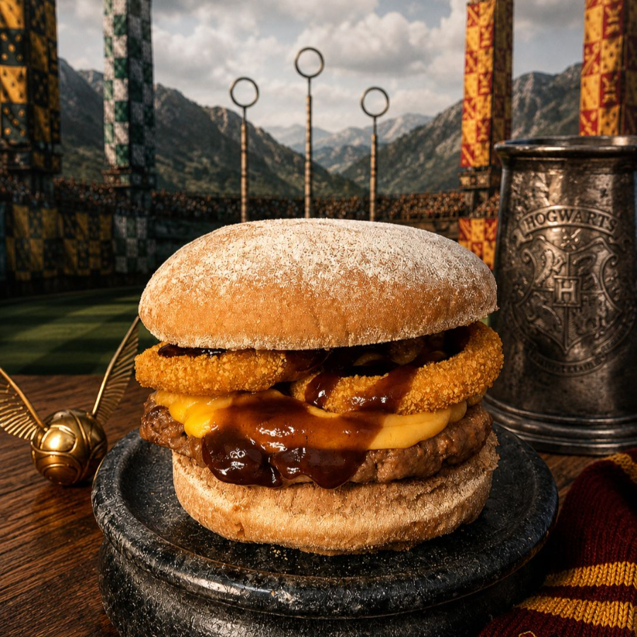 Pão Australiano, Hambuguer 120gr, Cheddar, Anel de Cebola Empanado.