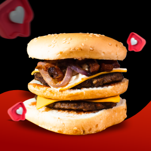 Pão, 2 carnes com queijo cheddar, cebola frita na manteiga, fatia de pão no meio, katchup e maionese Hellmans