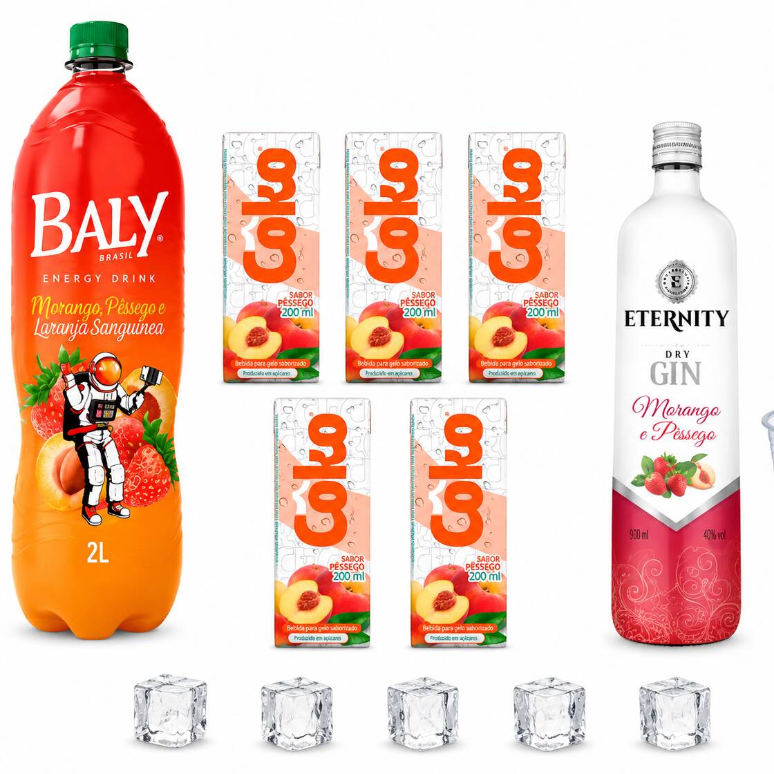 Combo Gin Eternity Morango e pessago, 5 gelos pessago, 1 garrafa Gin Eternit 910 ml, 1 Energético 2 Litros morango e pessago e 4 copos ‘