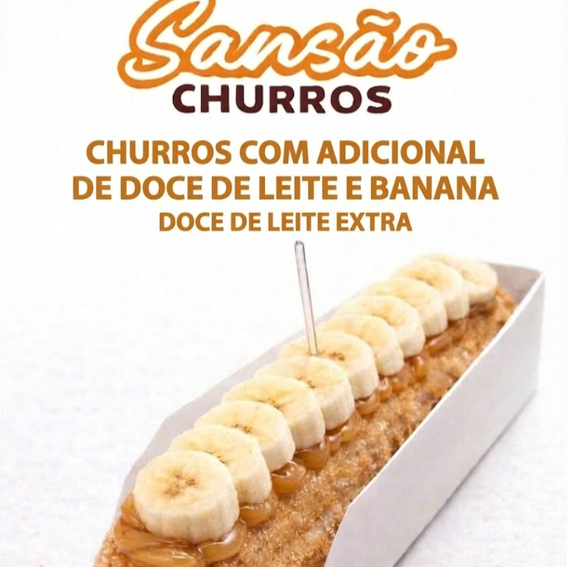 Churros Sansão: Doce de Leite com Banana Extra 🍌 Nosso mais novo sabor para paladares exigentes! 😋 Crocante por fora, recheado com uma quantidade generosa de Doce de Leite cremoso e coberto com fatias frescas de banana... uma combinação irresistível! _Atenção:_ Não acompanha granulados. Turbinar com amendoim 🥜, chocolate 🍫 ou colorido 🎨? Compre separadamente! Peça agora e experimente a explosão de sabor!