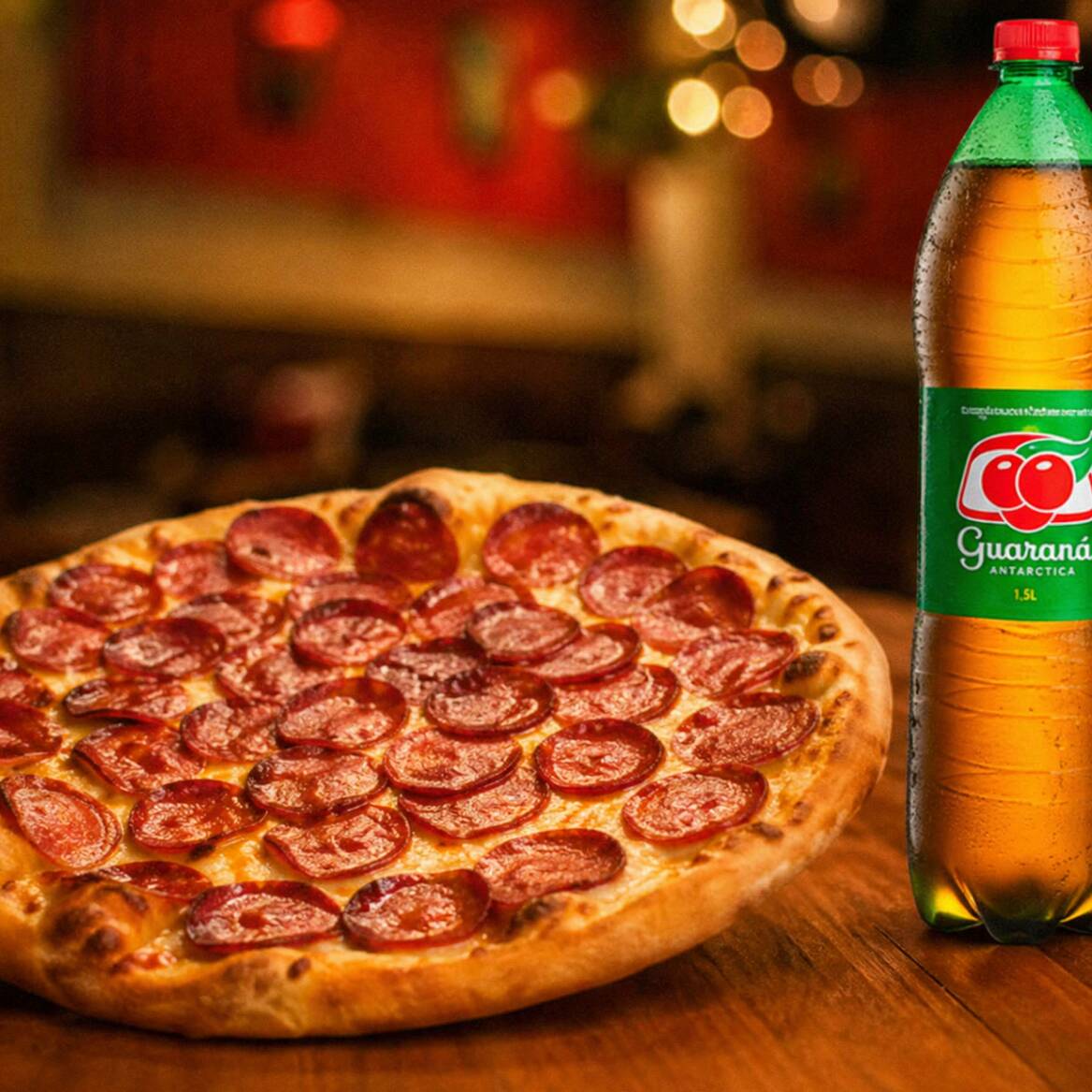 Uma pizza gigante de 8 fatias, preparada com massa macia e muito sabor, acompanhada de um refrigerante de 1,5l para completar a refeição. Ideal para compartilhar momentos com quem você gosta.