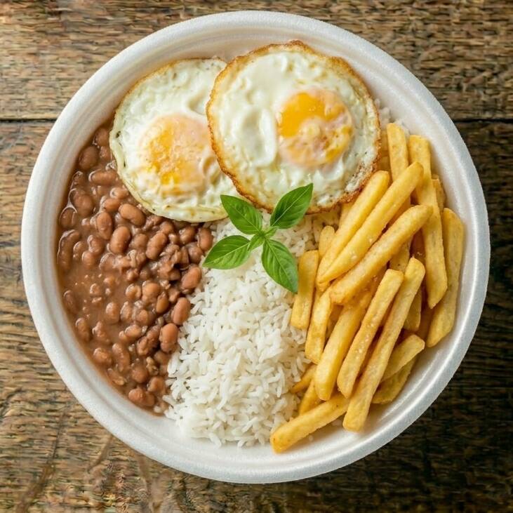 arroz, feijão e 2 ovos fritos