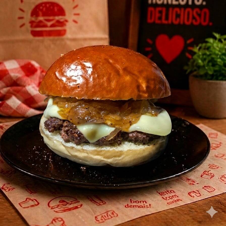 Carne aproximadamente 150g+ cebola caramelizada + queijo .
acompanha Maionese + Ketchup