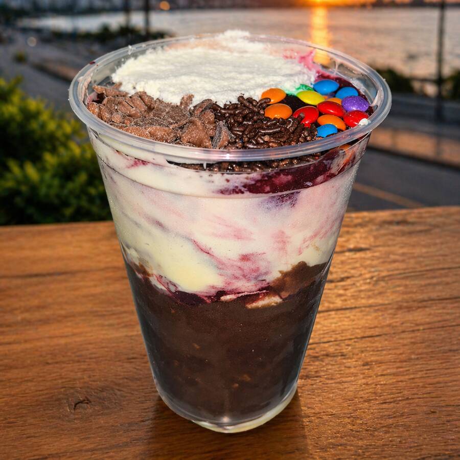 Leite Condensado, granola, leite em pó, gotas de chocolate, granulado, confete (creme de ninho, creme de avelã)