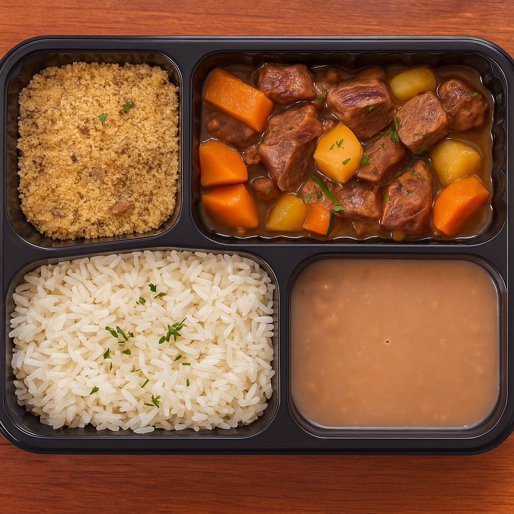 Picadinho de Carne com Legumes Carne bovina em cubos macios refogadas com Legumes fresco . Acompanhada e arroz, feijao, e farofinha da casa