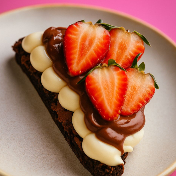 Uma fatia de brownie macio e chocolatudo, coberto com camadas de creme de ninho, creme de chocolate e finalizado com morangos frescos. Perfeito para quem ama uma um doce chocolatudo e ao mesmo tempo equilibrado por conta do frescor dos morangos