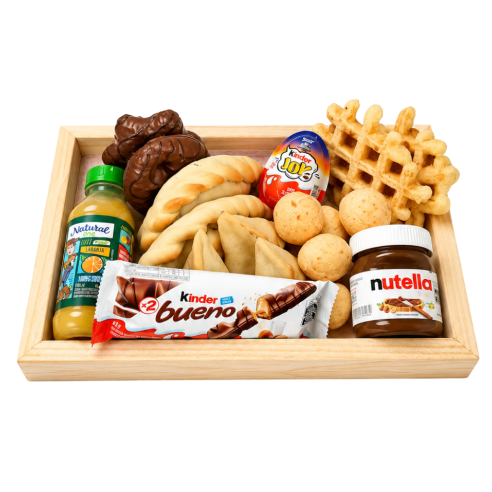Composição:
Bandeja de bambu, uma Nutella 140g, um Kinder Joy Surpresa, um Kinder Bueno ao leite, um Suco Natural One sabor laranja 180ml, dois waffles de pão de queijo Catupiry, pães de queijo recheados com Catupiry, duas empanadas argentinas recheadas com carne e Catupiry Original, três esfihas de queijo branco e dois pães de mel cobertos com chocolate ao leite.
Acompanha embalagem para presente. Pode ser enviada diretamente ao destinatário, pois não acompanha nota fiscal com o valor dos produtos na entrega. Ideal para aniversários, agradecimentos, comemorações e momentos especiais.