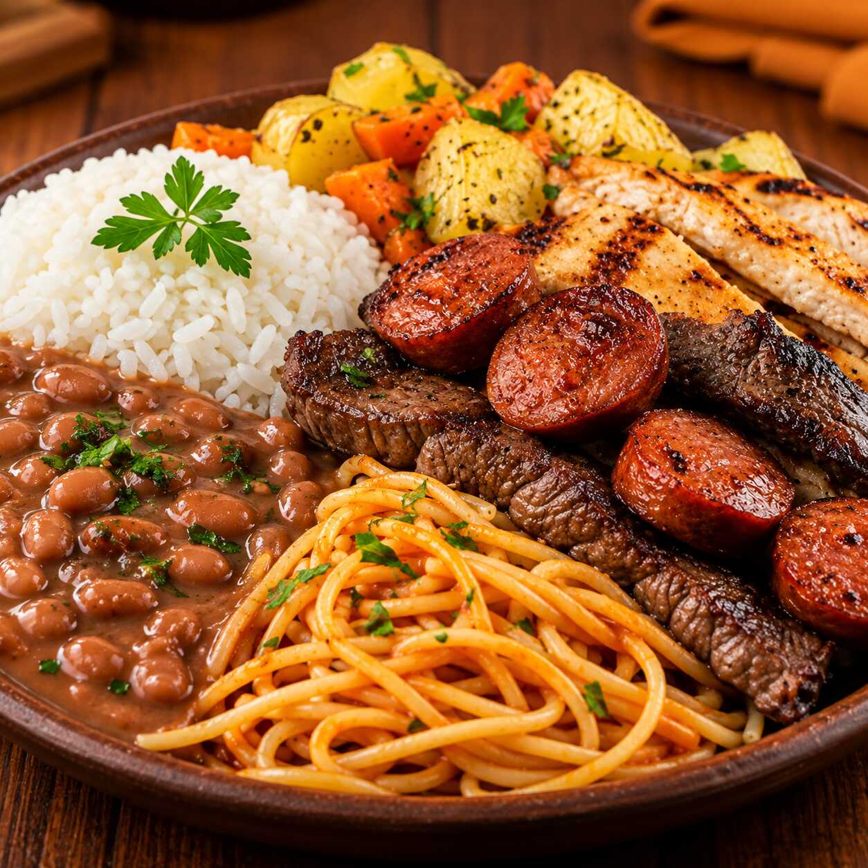 Churrasco assado ao bafo, suculento e cheio de sabor, acompanhado de arroz, feijão de caldo, macarrão, verduras com batatinha e cenoura. Uma combinação completa, bem servida e perfeita para matar a fome com aquele sabor de comida caseira.