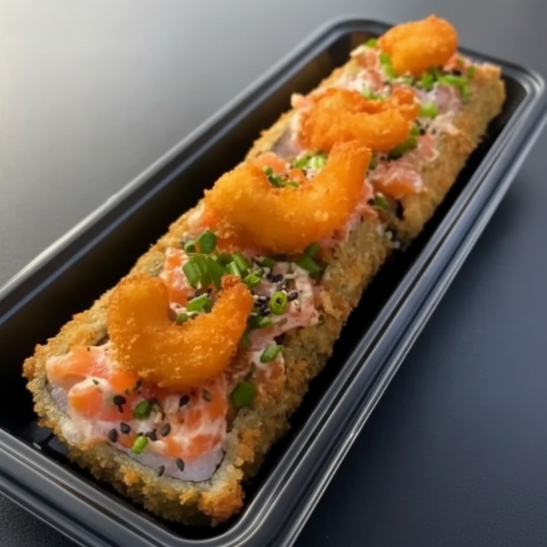 Arroz japonês,camarão clempanado,cream cheese envolvidos no nori empanado e frito.acompanha shoyu,teriaky e hashi