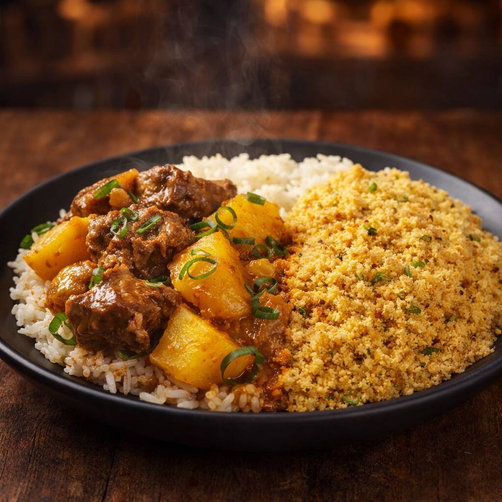 Porção individual de carne cozida, acompanhada de batatas cozidas, arroz fresquinho e farofa caseira. O sabor da comida caseira que você adora!