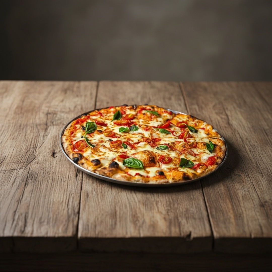 Molho de tomate italiano, muçarela, tomate, manjericão e orégano.