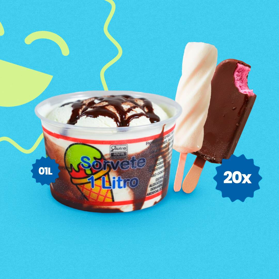10 Picolés Skimó + 10 Sorvetes de Palito + 1 Sorvete de 1 Litro.