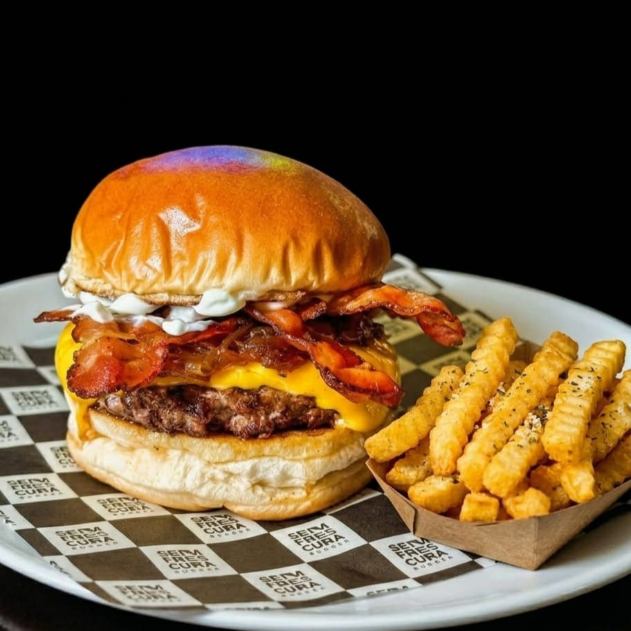 Combo cheddar Monster - Pão brioche, maionese da casa, hambúrguer blend, queijo cheddar, cheddar, fatias de bacon e acompanha fritas